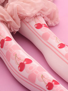 Sweet Lolita Stockings Pink Velvet Cherry Printed Lolita Knee High Socks
