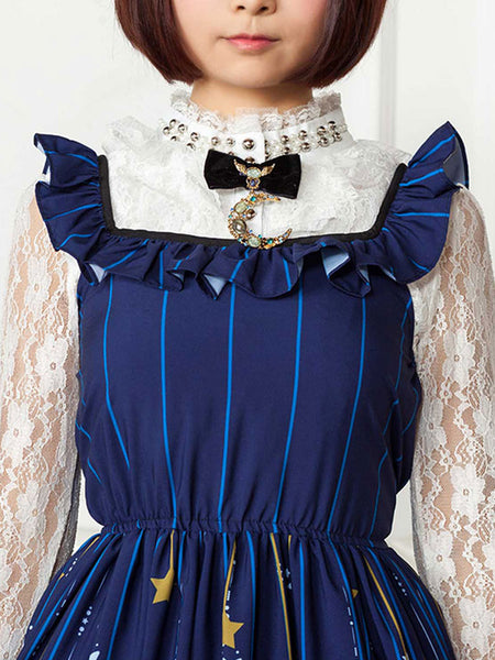 Classic Lolita JSK Dress Printed Bows Ruffles Blue  Lolita Jumper Skirts