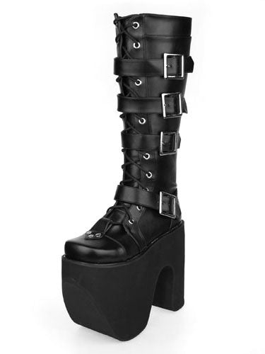 Black Thick Sole Buckle PU Leather Round Toe Lolita Boots