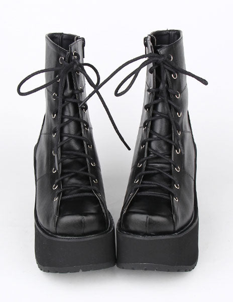 Black Lace Up PU Lolita Boots for Girls