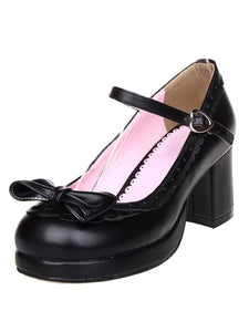 Matte Black Lolita Chunky Heels Shoes Bow Ankle Strap Heart Shape Buckle