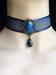 Gothic Lolita Choker Necklace Organza Metal Detail Two Tone Jeweled Blue Lolita Jewelry