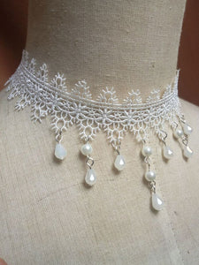 Classic Lolita Choker Necklace Lace Pearl Dangle White Lolita Jewelry