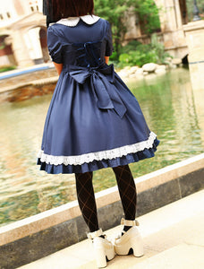 Navy Blue Lolita One piece Dress Asibuto Penta Short Sleeves Turndown Collar Lace Trim_