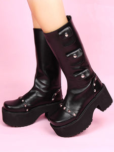 Black Lolita Boots Chunky Heel Mid Calf Platform Gothic Lolita Boots With Embellished Pockets