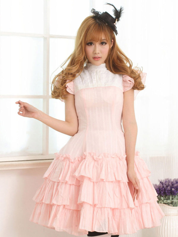 Pink Cotton Lolita One-piece Dress Layered Ruffles Lace Up