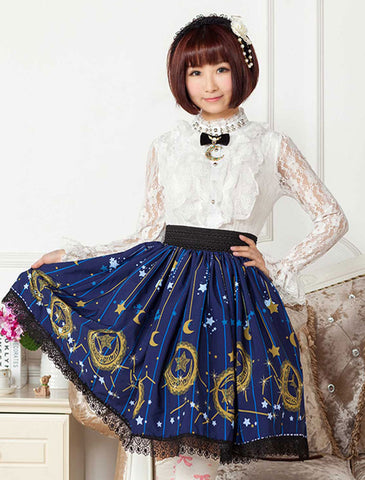 Deep Blue Star Printed Polyester Lolita Skirt for Girls