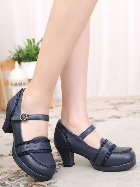 Classic Lolita Footwear Ruffle PU Chunky Heel Deep Blue Lolita Shoes