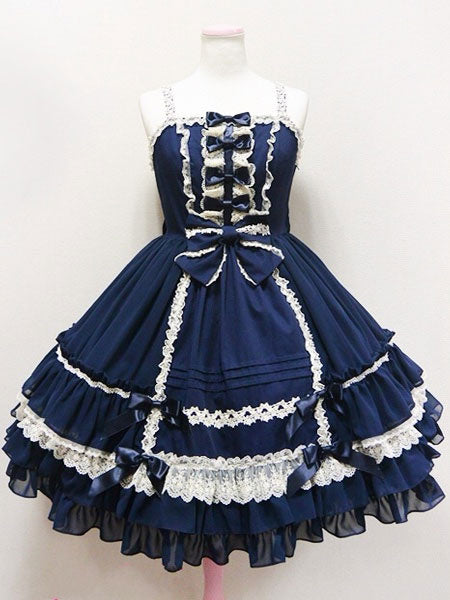 Sweet Lolita Dress JSK Deep Blue Lolita Dress Cotton Ruffle Tiered Lolita Jumper Skirt With Bow