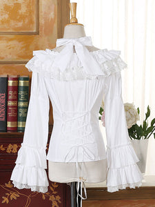 Rococo Lolita Blouse Chiffon Bell Sleeve Lace Ruffles Frills Scoop Neck White Lolita Top