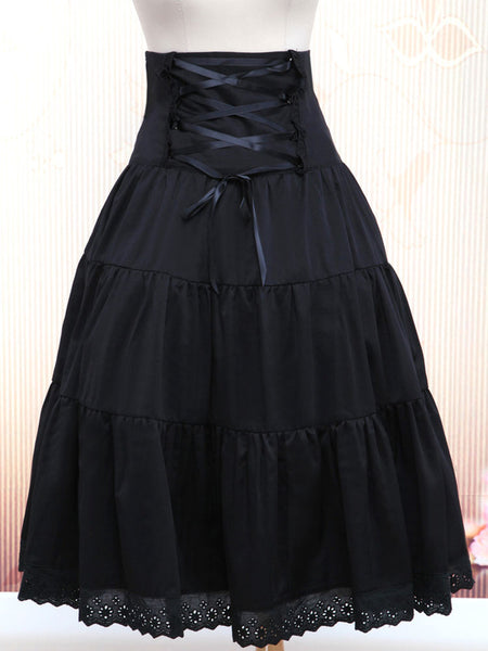 Pure Black Cotton Loltia Long Skirt High Waist Ruffles Trim