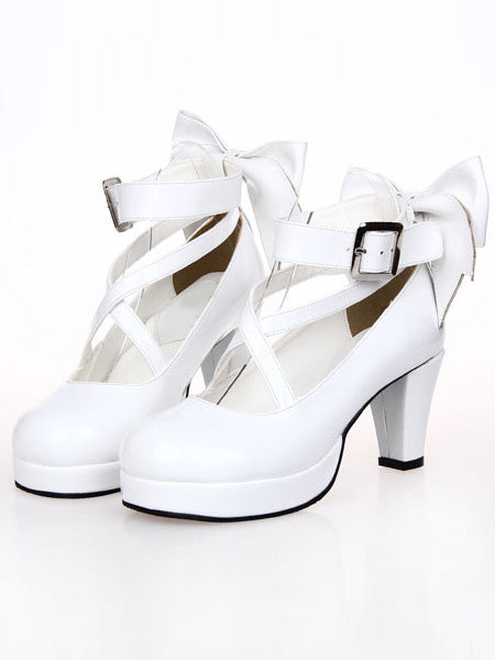 White Chunky High Heels Lolita Shoes Ankle Strap Bow Decor