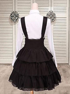 Black Cotton Straps Lolita Skirt Salopette Layered Ruffles