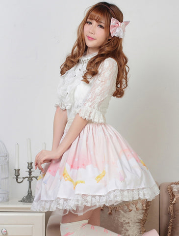 Sweet Light Pink White Printed Lolita Skirt with Lace Trim