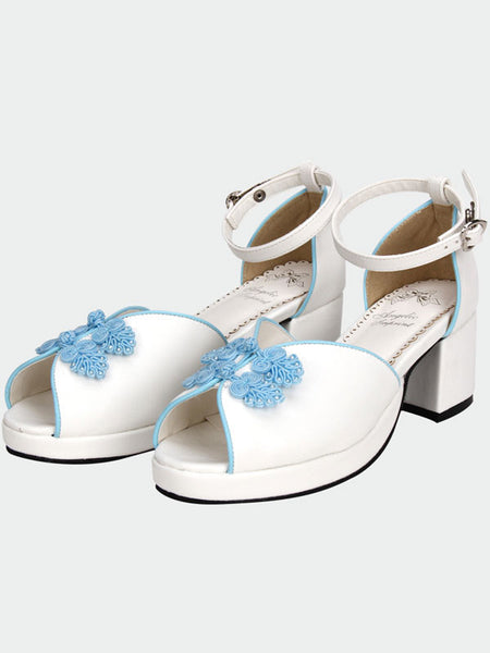 White Qi Lolita Sandals Chunky Pony Heels Blue Chinese Style Buttons