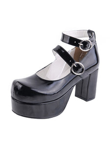 Glossy Black Lolita Heels Shoes Platform Shoes Ankle Straps Buckles