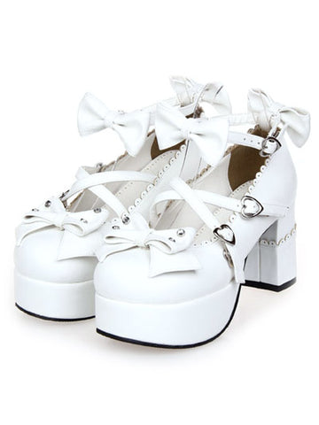 White Chunky Heels Lolita Shoes Square Heels Ankle Strap Bows Heart Shape Buckles