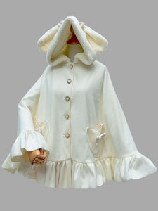 Sweet Lolita Poncho Hooded Faux Fur Bunny Print Ruffles Bows White Lolita Cape Coat