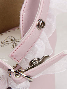 Pink Lolita Sandals Square Heels Lace Trim Ankle Strap Bow Decor