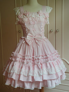 Sweet Light Pink Cotton Lolita Jumper Skirt Lace Trim Lace Up Ruffles