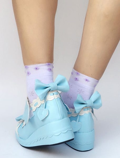 Sweet Lolita Shoes Light Sky Blue Bow Wedge Ankle Strap Round Toe Lolita Pumps