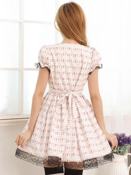 Light Pink White Lolita OP Dress Short Sleeves Lace Trim Bows
