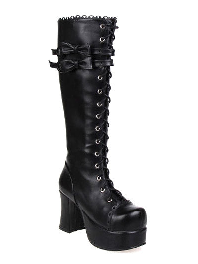 Gothic Black Lolita Chunky Heels Boots Platform Shoelace Bows