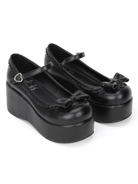 Sweet Lolita Shoes Black Platform Wedge Ankle Strap Lolita Shoes With Bow