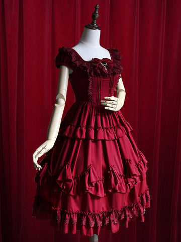 Burgundy Lolita Dress Ruffles Cotton Dress for Women