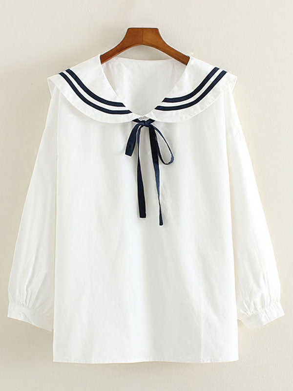 White Bow Stripes Cotton Lolita Shirt for Women
