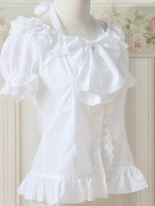 White Lace-Up Bows Ruffles Cotton Lolita Blouse for Women