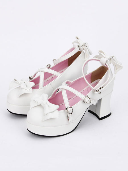 Sweet Lolita Shoes Bow Strappy Round Toe Platform White Lolita Heels