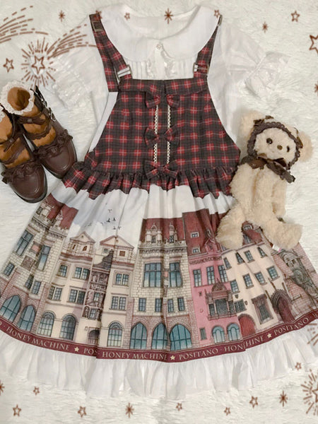 Classic Lolita JSK Dress Small House Print Ruffle Bow Cotton Linen Lolita Jumper Skirt
