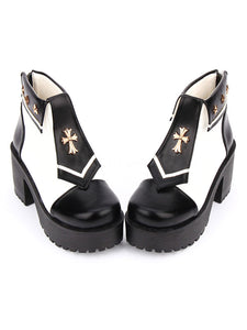 Gothic Lolita Shoes Round Toe Chunky Heel PU Two Tone Black Lolita Pumps