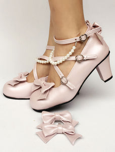 Sweet Lolita Shoes Pearl Pink Bow Cross Front Ankle Strap Heeled Lolita Pumps