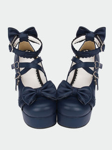 Navy Blue Lolita Chunky Pony Heels Shoes Platform Ankle Straps Bows Heart Shape Buckles