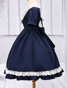 Navy Blue Lolita One piece Dress Asibuto Penta Short Sleeves Turndown Collar Lace Trim_