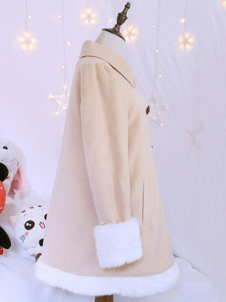 Sweet Lolita Outfits Wool Khaki Long Sleeve Bows Pea Coat With Cape