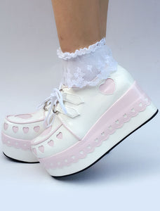 Sweet Lolita Shoes Platform Wedge Lace Up Heart Round Toe Lolita Footwear