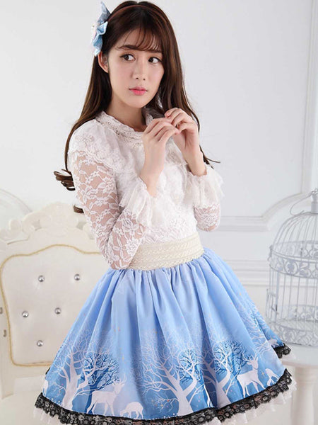 Blue Short Lolita Skirt Lace Trim Polyester Print
