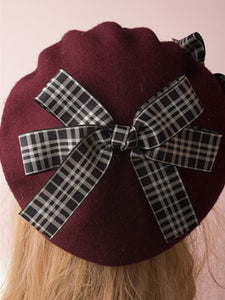 Classic Lolita Beret Plaid Bow Wool Burgundy Lolita Bowler Hat