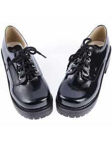 Black Lace-Up Round Toe Square Heel Patent Leather Lolita Shoes