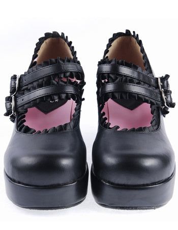 Matte Black Lolita Chunky Heels Shoes Platform Ribbon Trim Straps Buckles