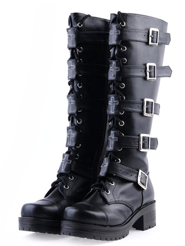 Gothic Black Lolita Boots Square Heels Platform Shoelace Straps Buckles