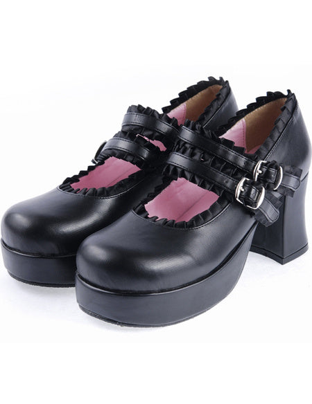 Matte Black Lolita Chunky Heels Shoes Platform Ribbon Trim Straps Buckles
