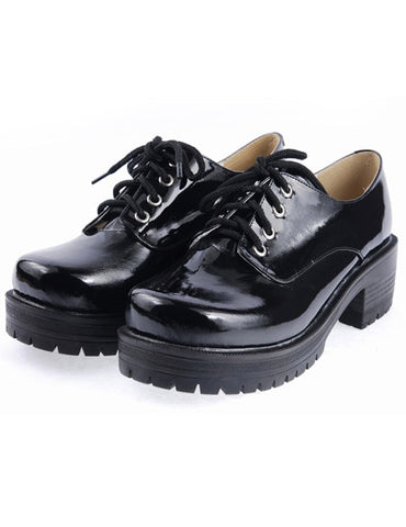 Black Lace-Up Round Toe Square Heel Patent Leather Lolita Shoes