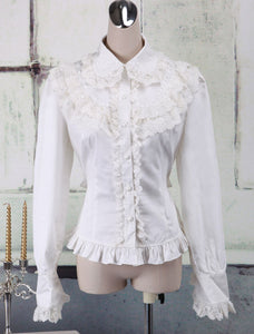 White Cotton Lolita Blouse Long Sleeves Lace Trim Turn-down Collar Ruffles