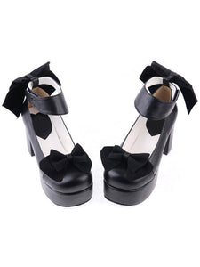 Matte Black Lolita Chunky Heels Shoes Platform Bows Ankle Strap
