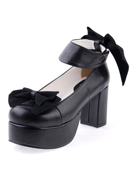 Matte Black Lolita Chunky Heels Shoes Platform Bows Ankle Strap
