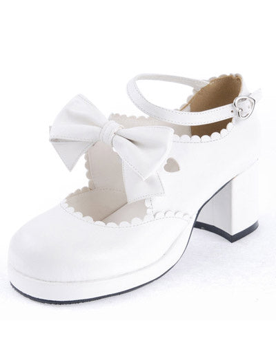 Sweet White Chunky Heels Lolita Shoes Ankle Strap Bow Decor Round Toe